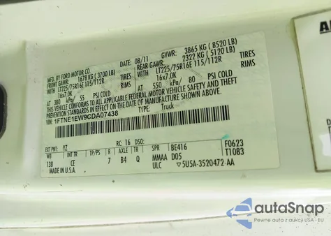 2012 Ford E-150 Commercial из США, поврежденный, VIN 1FTNE1EW9CDA07438